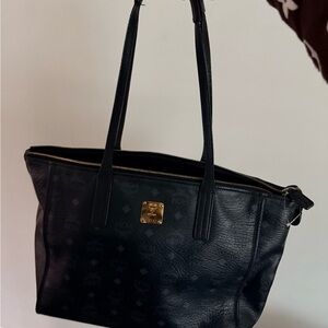 MCM Black Leather Tote with Gold Accents